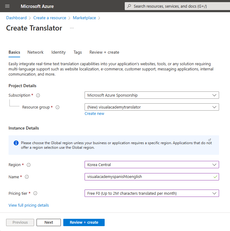 Translator 서비스를 위한 모든 항목들 넣은 후 Create하기